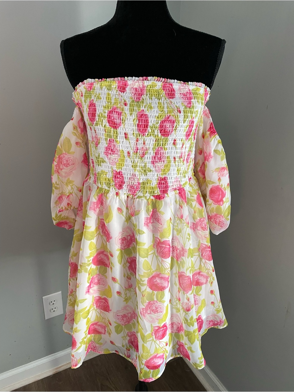 NWT Betsey Johnson Puff Sleeve Pink & Lime Floral Off-Shoulder Smocked Dress